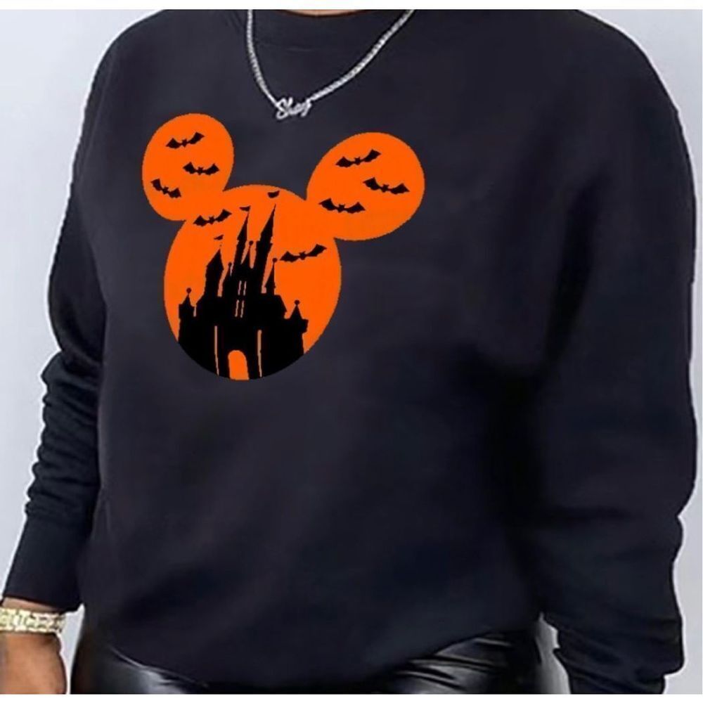 Handmade Halloween Mickey Ears Castle Sweatshirt Black Orange Size Small Iron-on - Picture 5 of 17